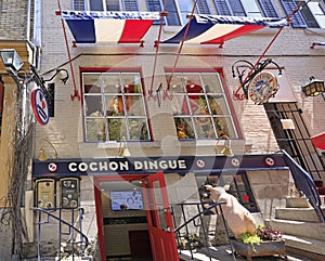 Restaurant Cochon Dingue faÃ§ade in Old Quebec, one of the most culinary attraction
