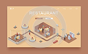 Restaurant concept 3d isometric landing page template. People visit restaurant, book tables, staff works at reception, waiter