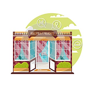 Restaurant concept. Flat design city public building with storefront and different interior design elements.