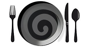 Restaurant black dinner table plate fork spoon butter knife set icon on white background