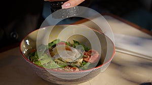 Restaurant dishes. Stock footage. Beautiful dishes salad and pasta for dinner in a beautiful large decorated dishes.