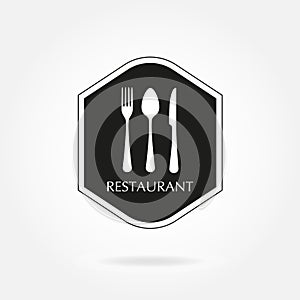 Restaurant emblem or label template with spoon, fork and knife flat icons. Kitchen utensils. Vector illustration