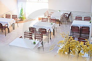 Restaurant empty table and chairs, Cafe terrace table