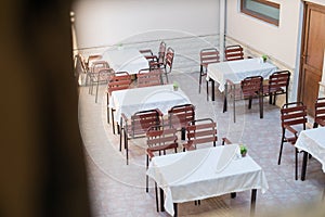 Restaurant empty table and chairs, Cafe terrace table