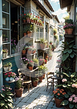 Restaurant exterior, Courtyard cafe, outdoor dining area.