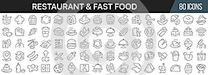 Restaurant and fast food line icons collection. Big UI icon set in a flat design. Thin outline icons pack. Vector illustration