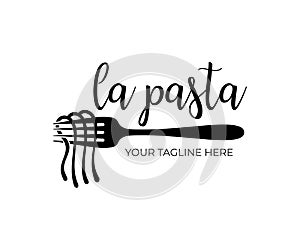 Restaurant and fast food, spaghetti, noodles and pasta with fork, logo design, vector design