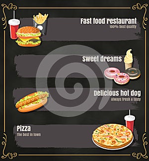 Restaurant Fast Foods menu on chalkboard vector format eps10