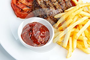 Restaurant food - beef grilled steak with french fries