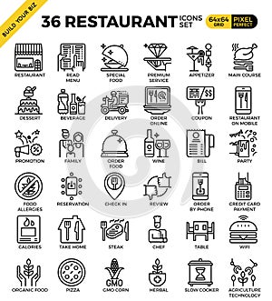 Restaurant food business pixel perfect outline icons