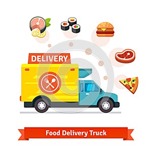 Restaurant food delivery truck with meal icons