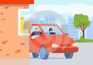 Restaurant food drive, vector illustration, flat man woman character order fastfood from car, customer service through