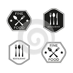 Restaurant and food emblem or label set with spoon, fork and knife flat icons. Kitchen utensils. Vector illustration