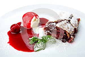 Restaurant food isolated - cherry strudel with ice cream