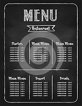 Restaurant food menu design on black chalkboard background. Easily Editable Vector. EPS 10.