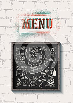 Restaurant food menu design on the brick wall background. Set of hand-drawn food on blackboard. Vector illustration.