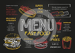 Restaurant Food Menu Design template with Chalkboard Background. Vintage chalk drawing fast food menu in vector sketch