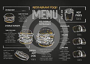 Restaurant Food Menu Design template with Chalkboard Background. Vintage chalk drawing fast food menu in vector sketch