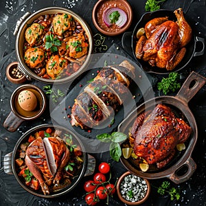 Restaurant Food Set with Fried Chicken Kiev, Homemade Kaurma Lagman and Roasted Turkey photo