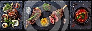 Restaurant Food Set with Grilled Beef Cheeks, Lamb Legs and Tongues Top View, Various Meat Dishes