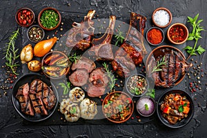 Restaurant Food Set with Grilled Beef Cheeks, Lamb Legs and Tongues Top View, Various Meat Dishes