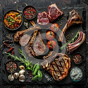 Restaurant Food Set with Grilled Beef Cheeks, Lamb Legs and Tongues Top View, Various Meat Dishes