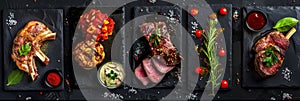 Restaurant Food Set with Grilled Beef Cheeks, Lamb Legs and Tongues Top View, Various Meat Dishes