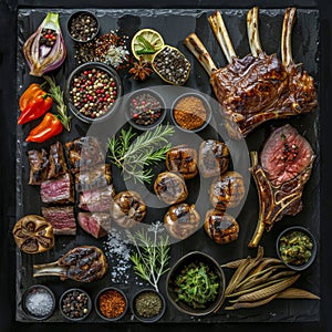 Restaurant Food Set with Grilled Beef Cheeks, Lamb Legs and Tongues Top View, Various Meat Dishes