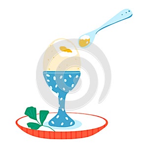 Restaurant foodstuff, luxury egg concept breakfast appetizer in glass cup stands plate isolated on white, cartoon vector