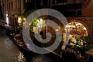 Restaurant and Gondola at Night - Venice