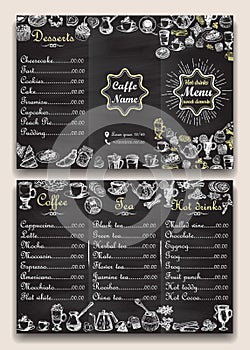 Restaurant hot drinks menu design with chalkboard background. Vector illustration template in vintage style. Hand drawn