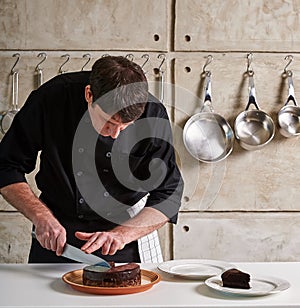 Restaurant hotel private chef preparing dessert chocolate cake
