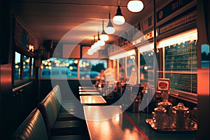 Restaurant interior with bar counter and lights. Vintage toned