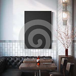 Restaurant interior with black canvas on a wall. 3d rendering