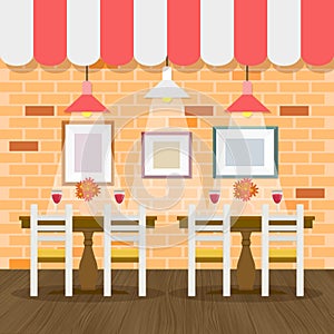 Restaurant interior with bricks wall