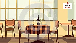 Restaurant Table Setting with Wine Glasses and Bottle Near Window
