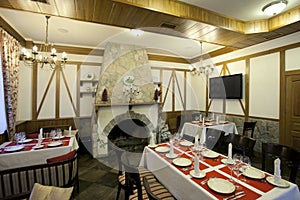 Restaurant interior with fireplace