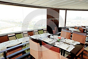 Restaurant Interior of hotel with view on Dubai