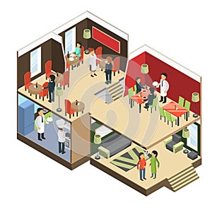 Restaurant interior. Isometric bar cafe buffet building with eatting guests vector 3d pictures