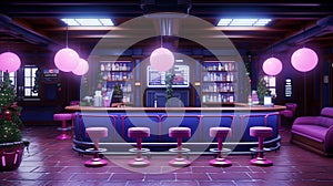 Restaurant interior with pink chairs, AI-generated.
