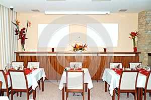 Restaurant interior at popular hotel, Strbske Pleso ski resort