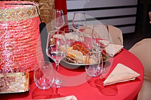 Restaurant interior -A table decorated with a red tablecloth restaurant