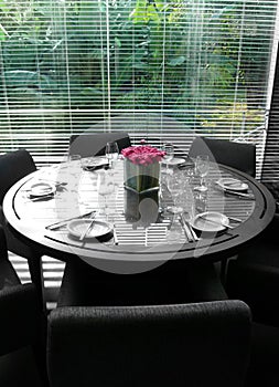 Restaurant interior, table, with garden view