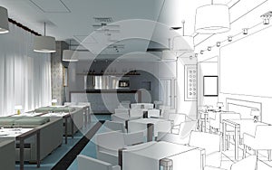 Restaurant, interior visualization, 3D illustration