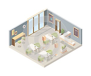 Restaurant isometric. Cafe modern interior storefront walls 3d furniture flooring vector low poly picture