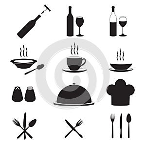 Restaurant and kitchen icons with wine bottle, glass, cup, fork, spoon, knife. Vector illustration.