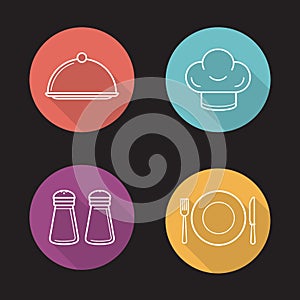 Restaurant kitchen items. Flat linear long shadow icons set