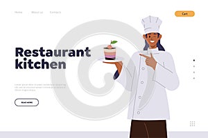 Restaurant kitchen landing page with female confectioner character presenting new dessert recipe