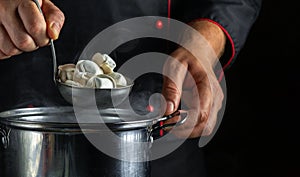 A restaurant kitchen worker prepares dumplings in a pan in a restaurant kitchen. Close-up of a chef hand holding a ladle of