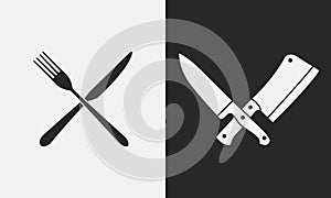 Restaurant knives icons. Silhouette of fork and knife, butcher knives. Logo, emblem.